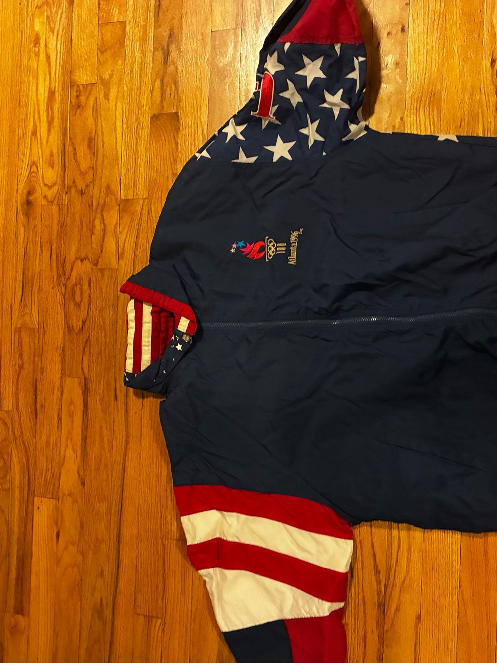 STARTER Navy Red White Stars & Stripes Hooded Puffer Jacket